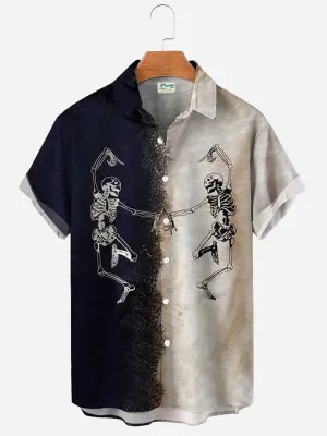 Alohadaddy Men's Halloween Skull Print Casual Breathable Short Sleeve Hawaiian Shirt