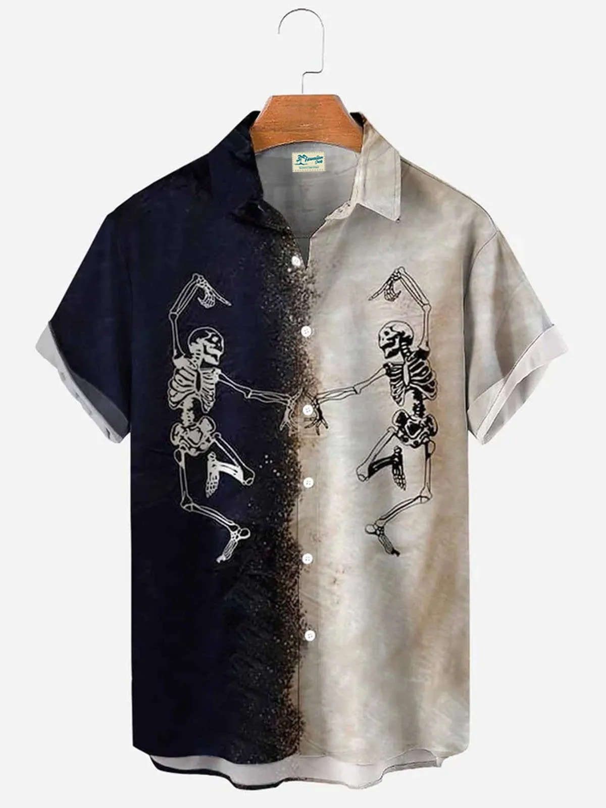 Alohadaddy Men's Halloween Skull Print Casual Breathable Short Sleeve Hawaiian Shirt