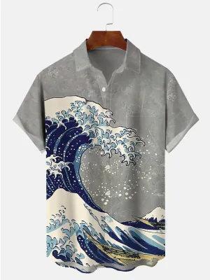 Alohadaddy Mens Japanese Ukiyoe Wave Print Casual Breathable Chest Pocket Short Sleeve Hawaiian Shirts
