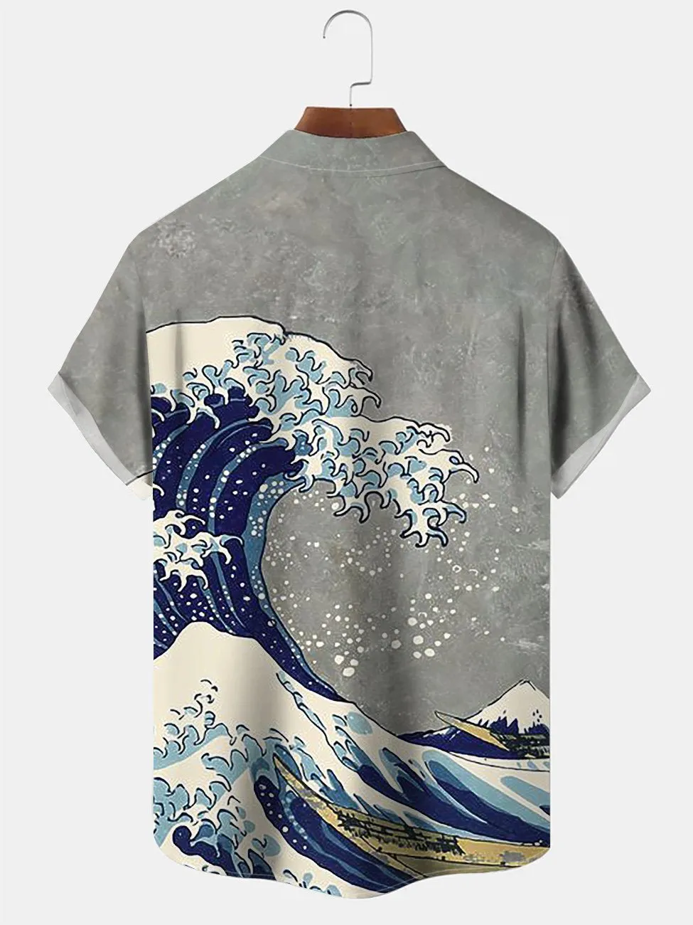 Alohadaddy Mens Japanese Ukiyoe Wave Print Casual Breathable Chest Pocket Short Sleeve Hawaiian Shirts