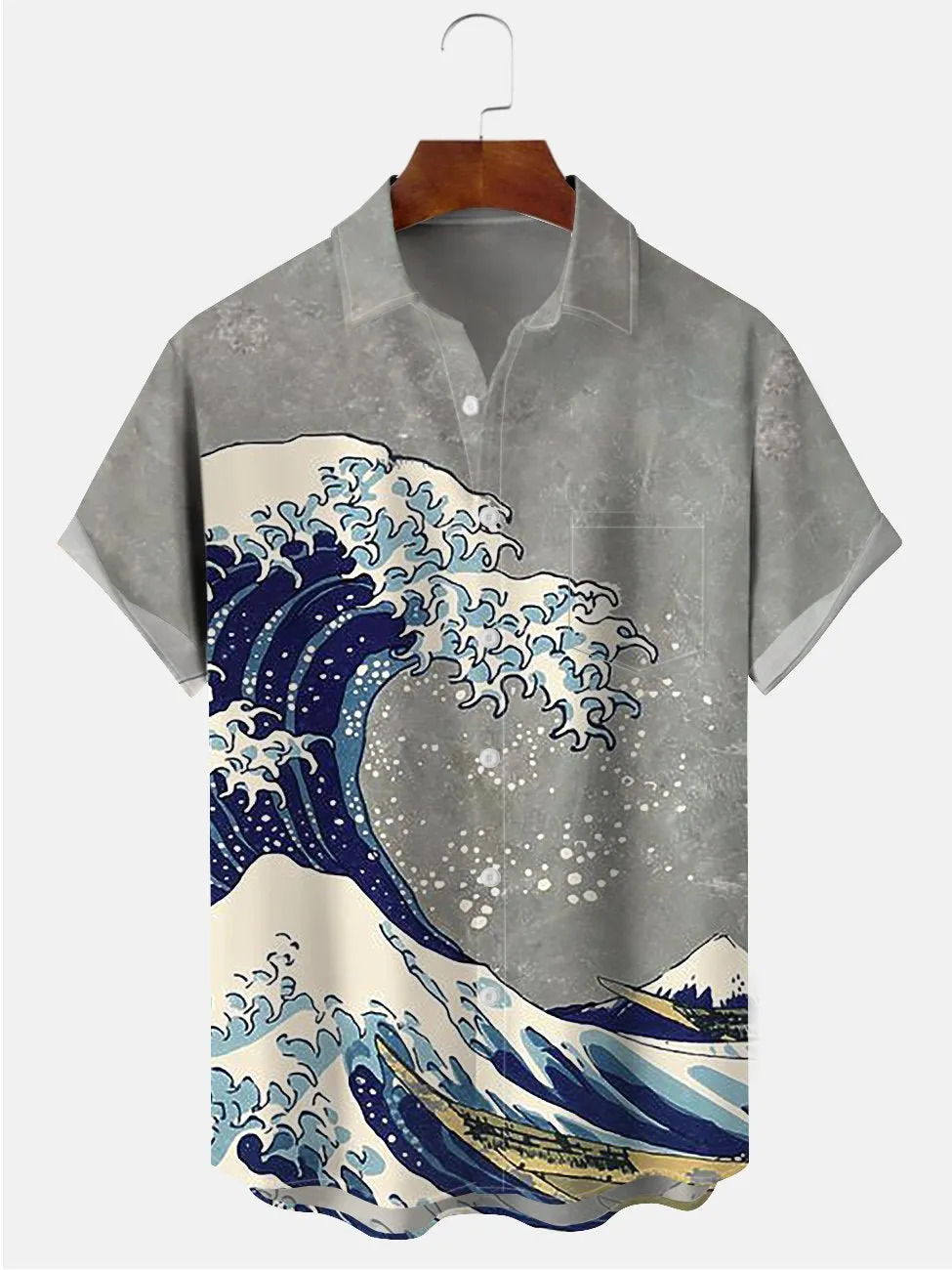 Alohadaddy Mens Japanese Ukiyoe Wave Print Casual Breathable Chest Pocket Short Sleeve Hawaiian Shirts