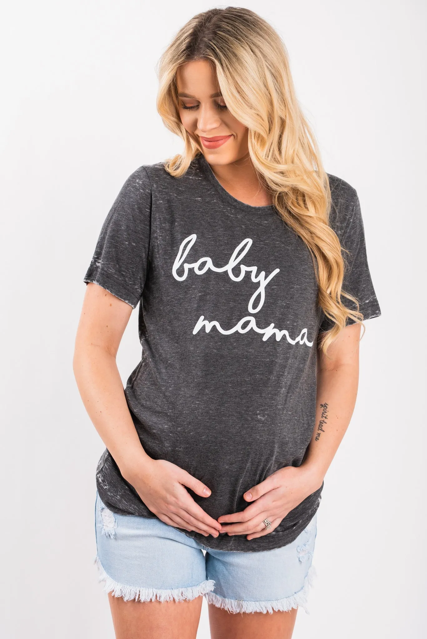 Baby Mama script unisex short sleeve t-shirt acid wash grey