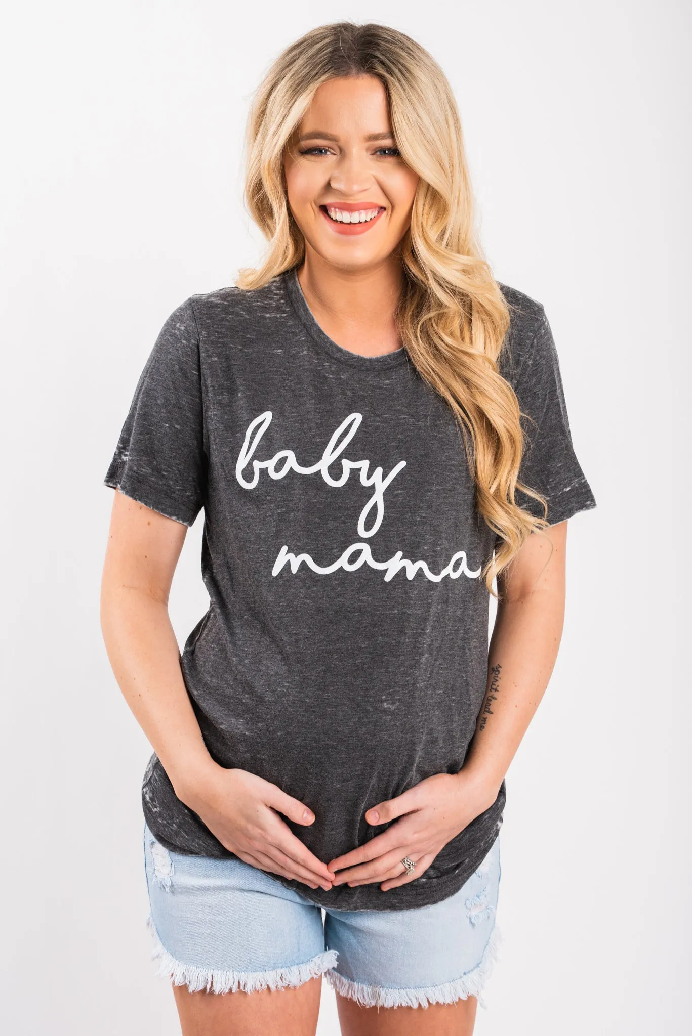 Baby Mama script unisex short sleeve t-shirt acid wash grey