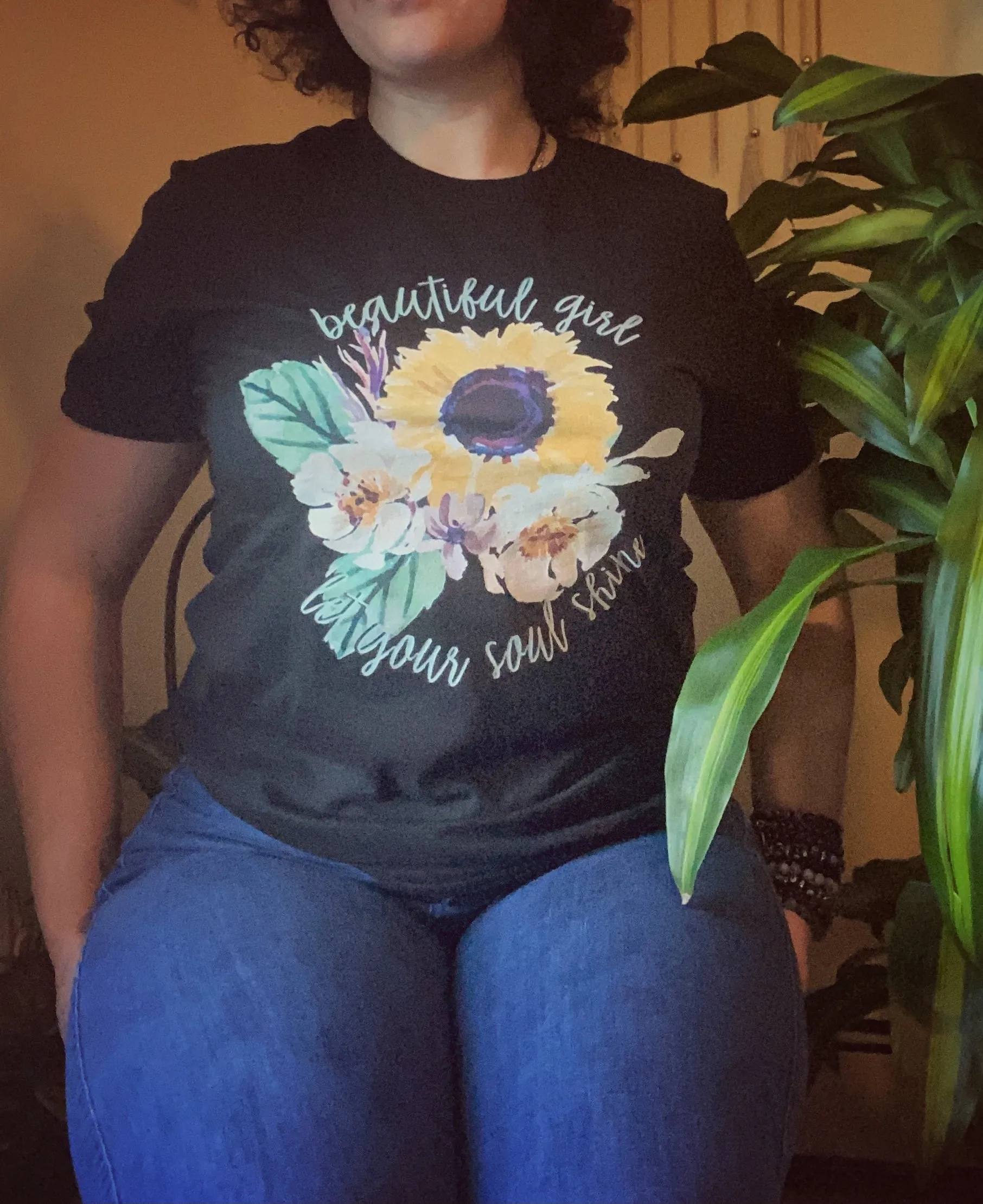Beautiful Girl Sunflower Graphic Tee (Black)
