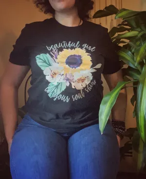 Beautiful Girl Sunflower Graphic Tee (Black)