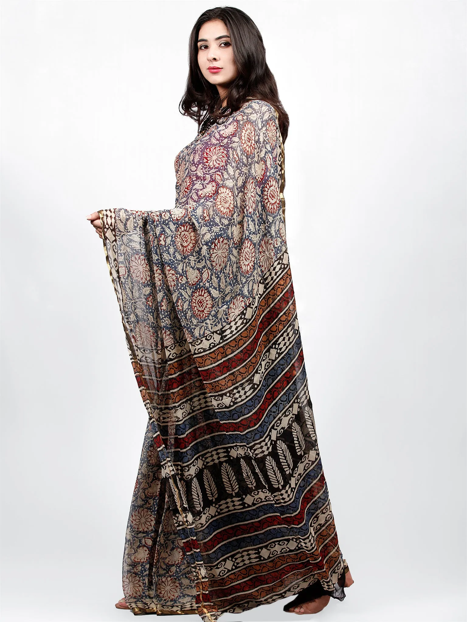 Beige Black Maroon Hand Block Printed Chiffon Saree with Zari Border - S031703231