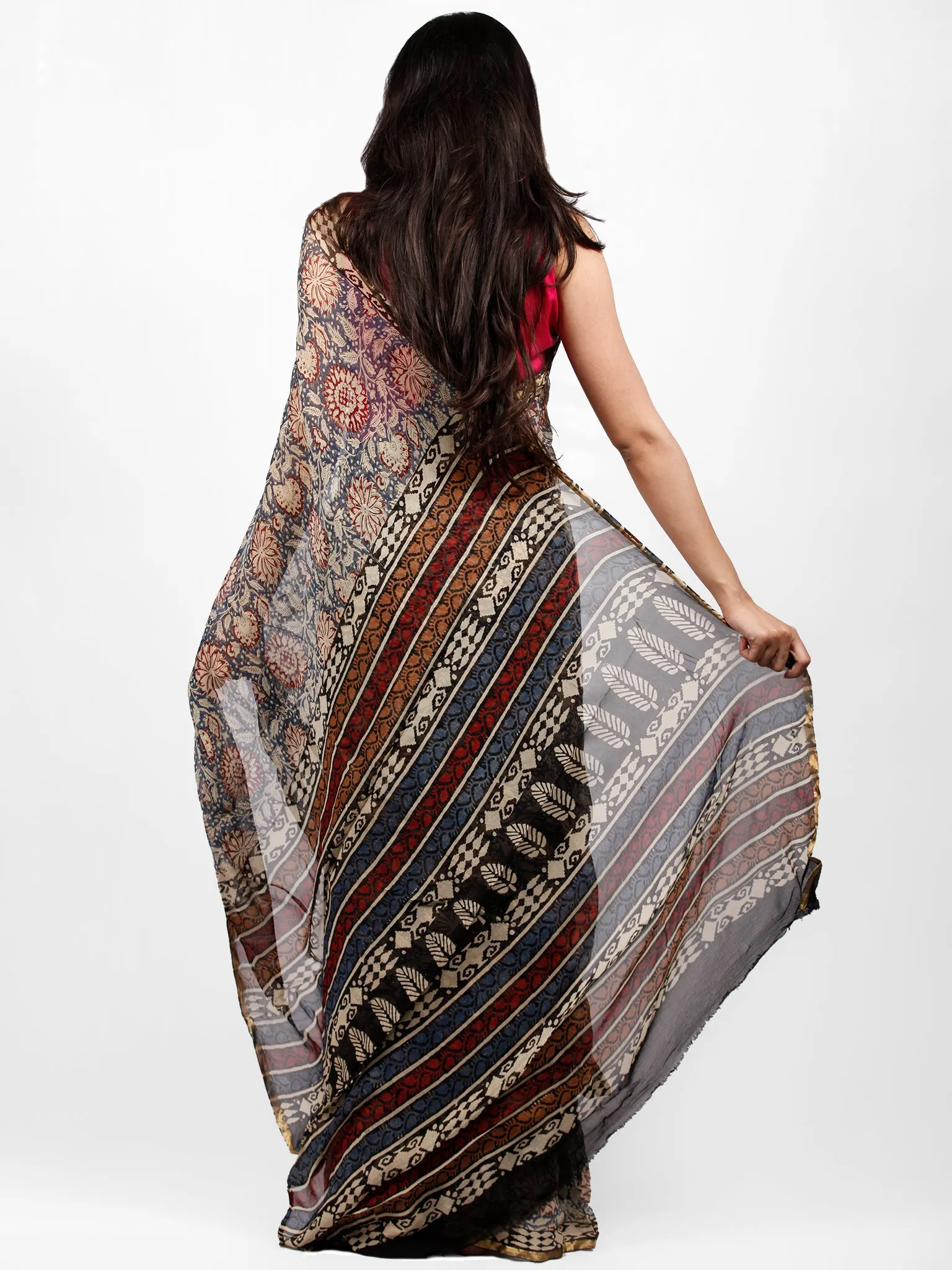 Beige Black Maroon Hand Block Printed Chiffon Saree with Zari Border - S031703231