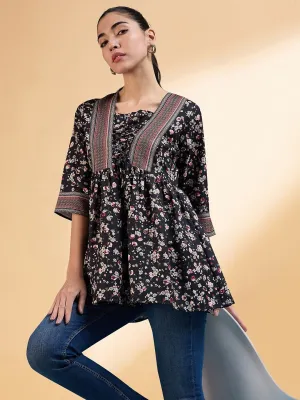 black Floral Printed Square Neck Pleated A-Line Short Kurti