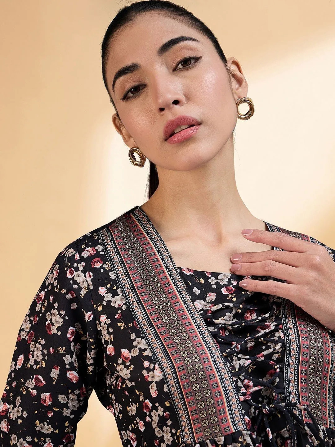 black Floral Printed Square Neck Pleated A-Line Short Kurti