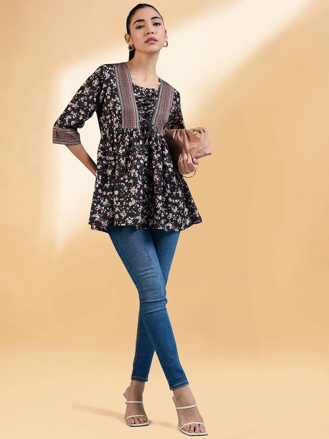 black Floral Printed Square Neck Pleated A-Line Short Kurti