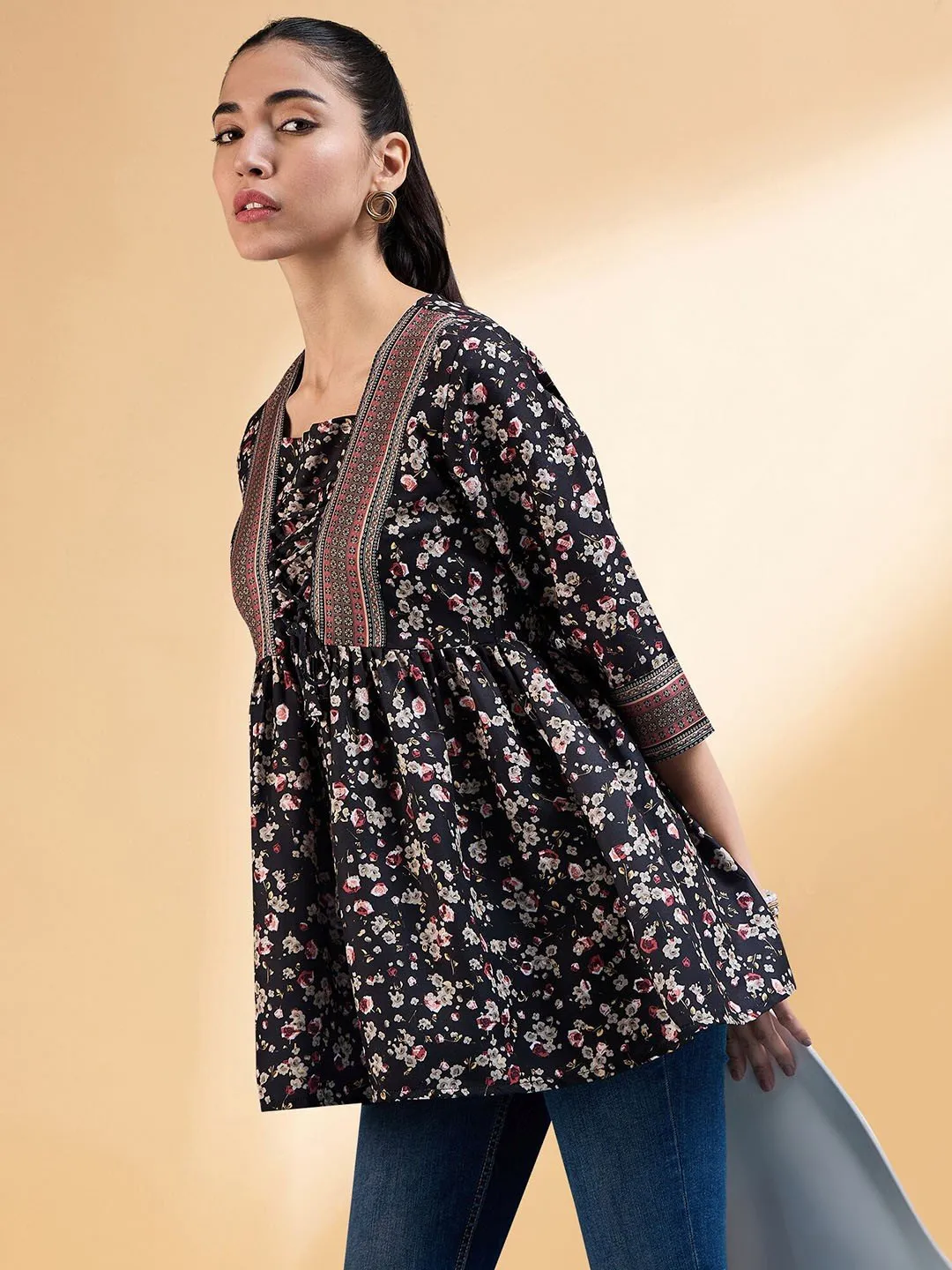 black Floral Printed Square Neck Pleated A-Line Short Kurti