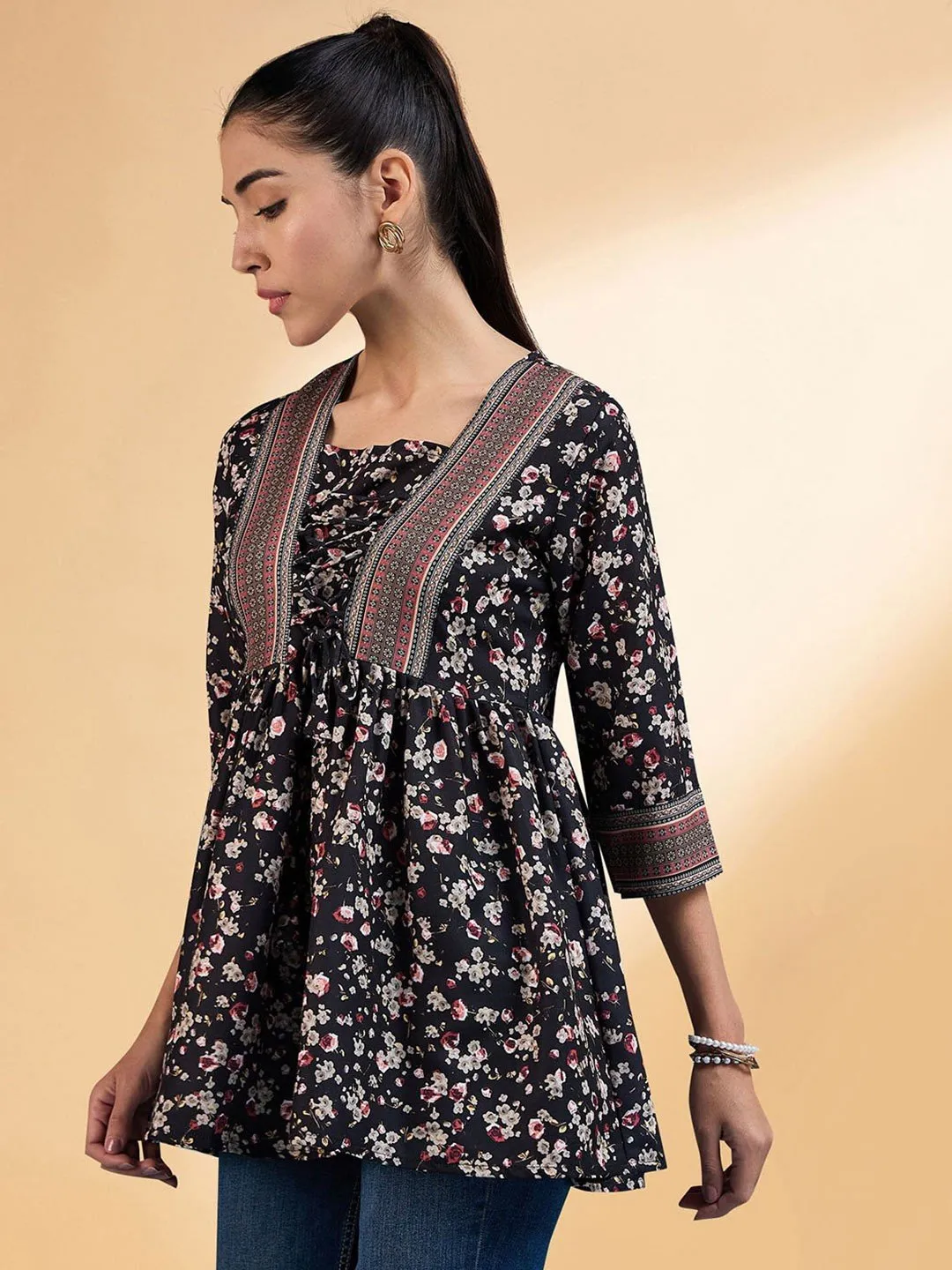 black Floral Printed Square Neck Pleated A-Line Short Kurti