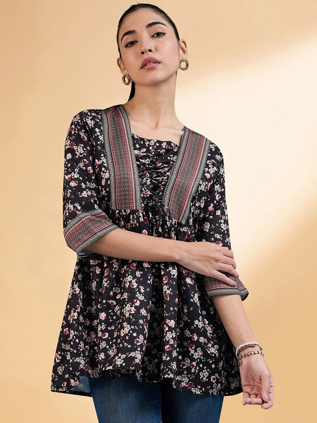 black Floral Printed Square Neck Pleated A-Line Short Kurti