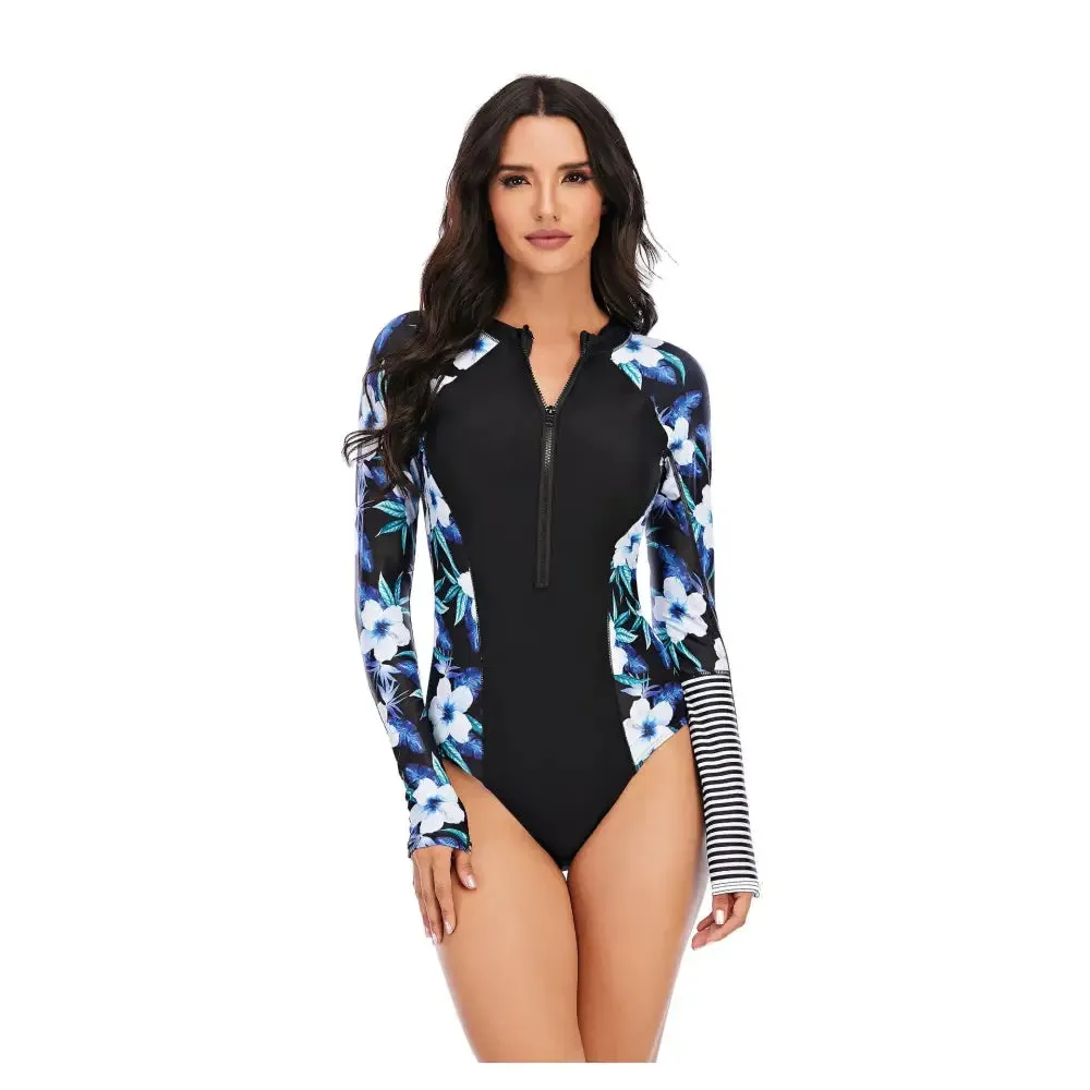 Black Flowers and Stripes Long-Sleeve Swimwear
