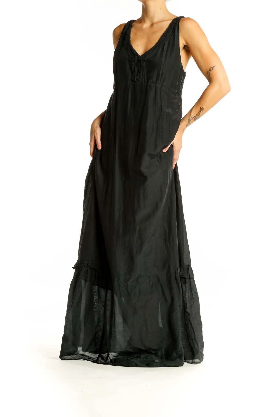 Black Flowy V-Neck Maxi Dress