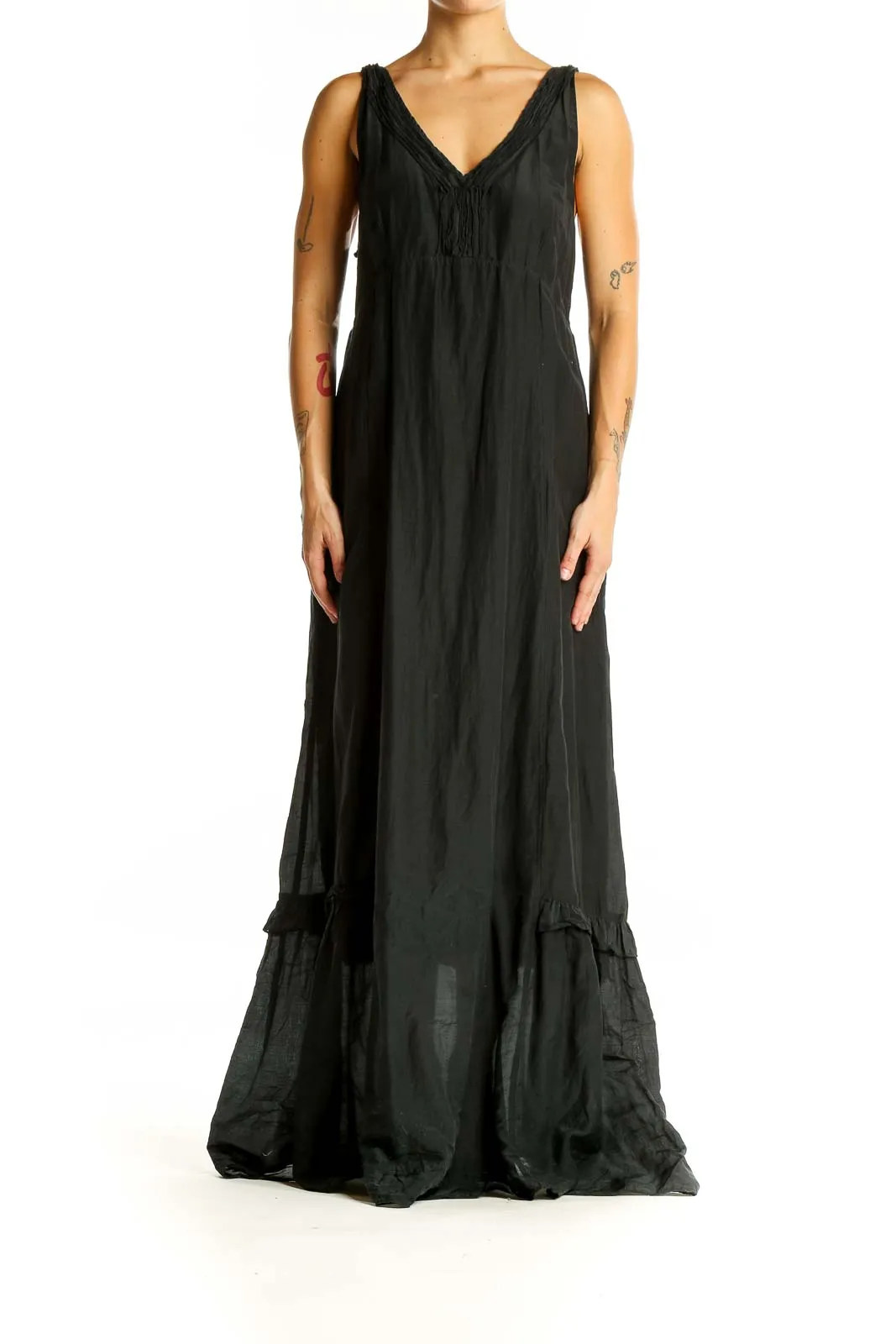 Black Flowy V-Neck Maxi Dress