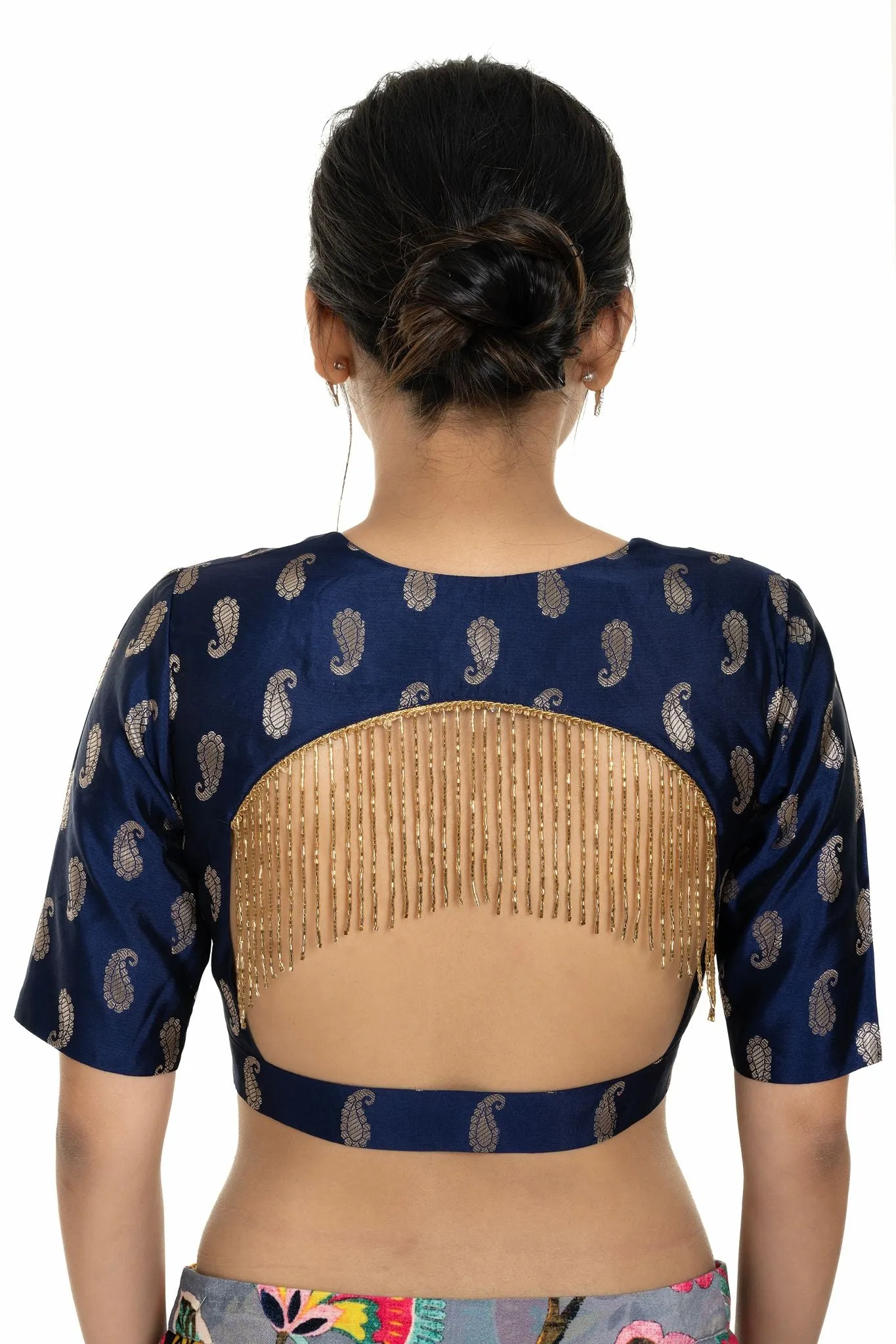 Blue Brocade Blouse with Back Tassel and Elbow Sleeve