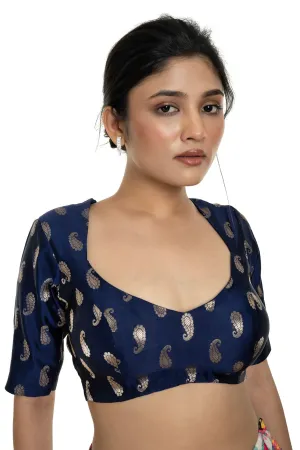 Blue Brocade Blouse with Back Tassel and Elbow Sleeve