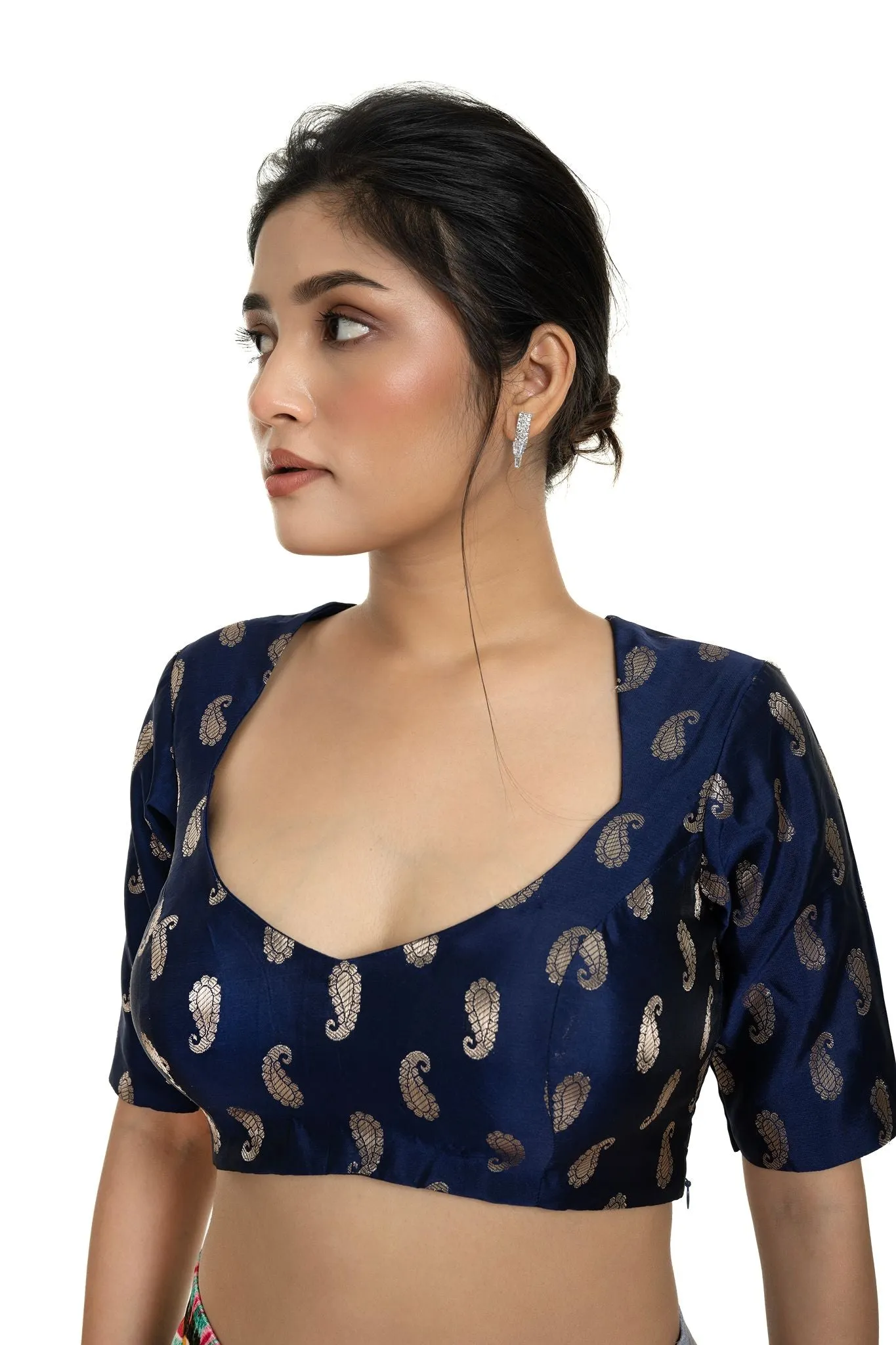 Blue Brocade Blouse with Back Tassel and Elbow Sleeve