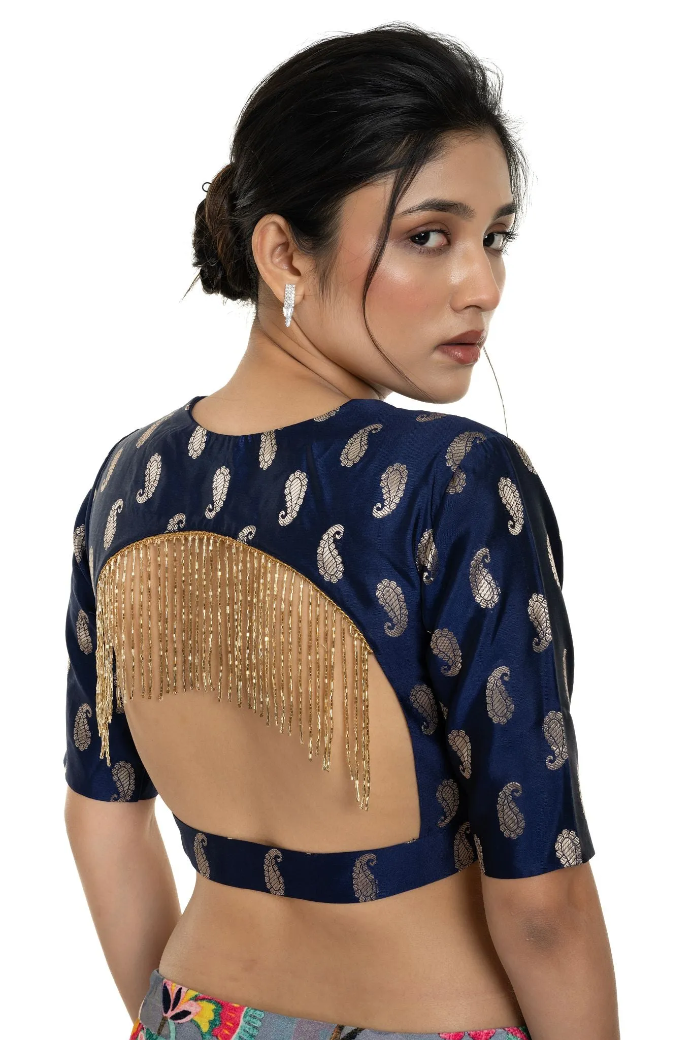 Blue Brocade Blouse with Back Tassel and Elbow Sleeve
