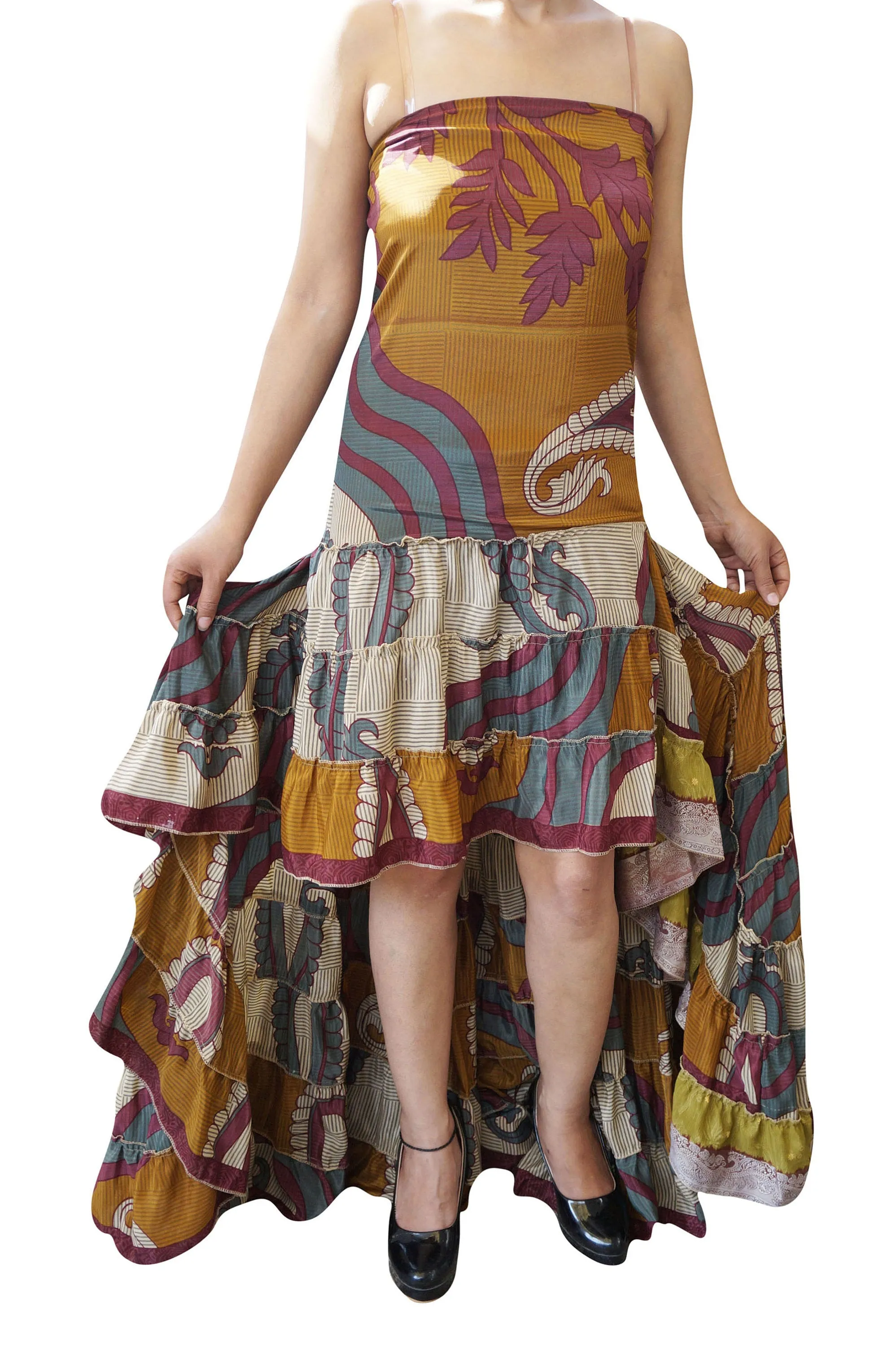 BOHO GIRL Swirling Hi Low Dress Recycled Sari Autumn M/L