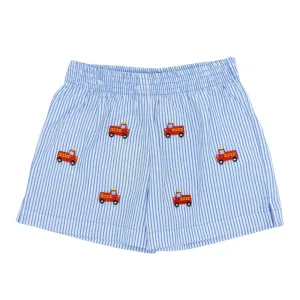 Boys Pull-on Seersucker Shorts - Firetruck Embroidery