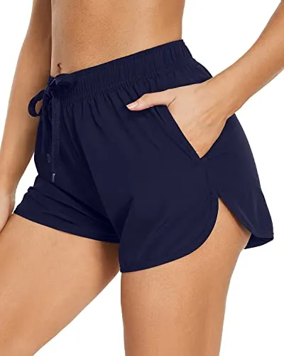 Breathable Quick-Dry Swim Shorts Side Pockets For Teen Girls-Navy Blue