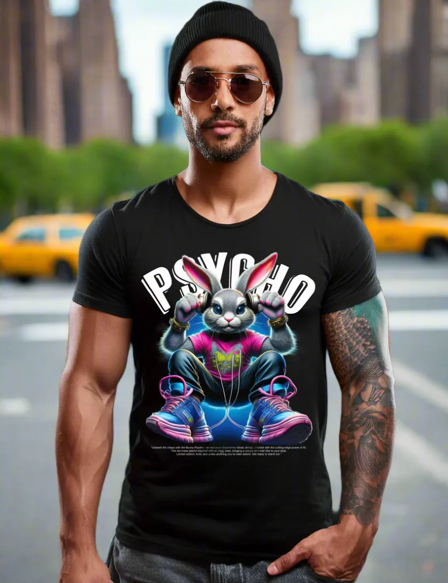 Bunny Psycho Art T-Shirt - Unique and Exclusive Design | Grooveman Music TM"
