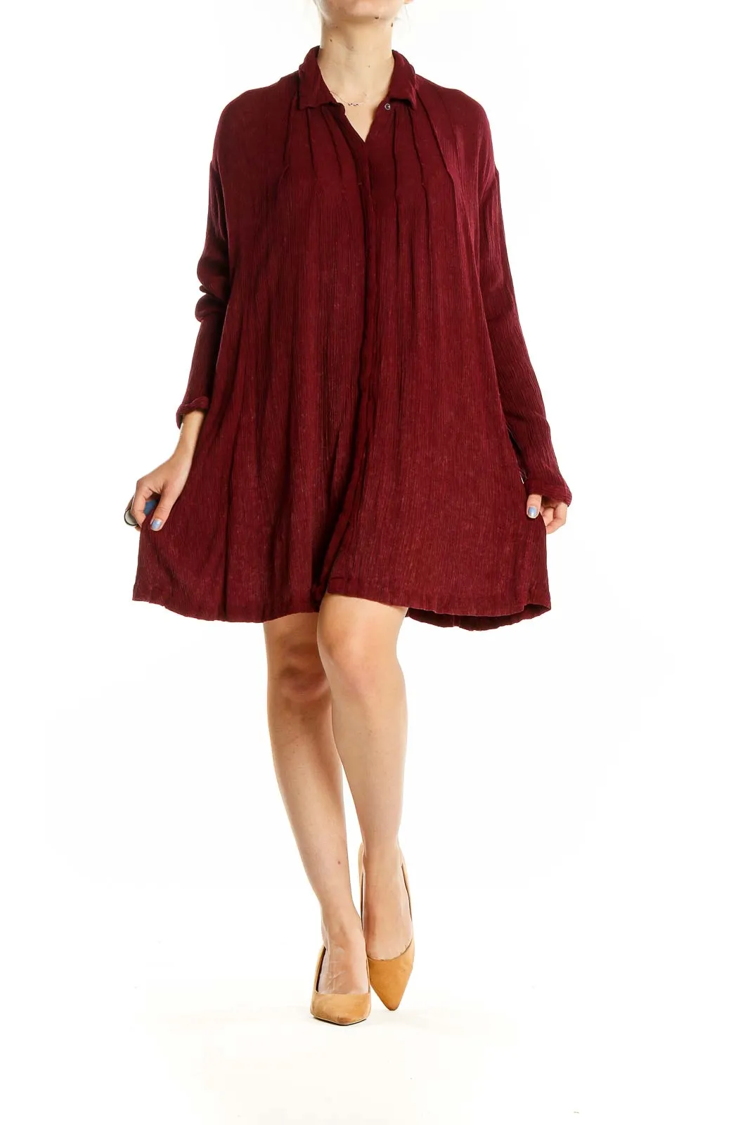 Burgundy Flowy Button-Down Shirt Dress