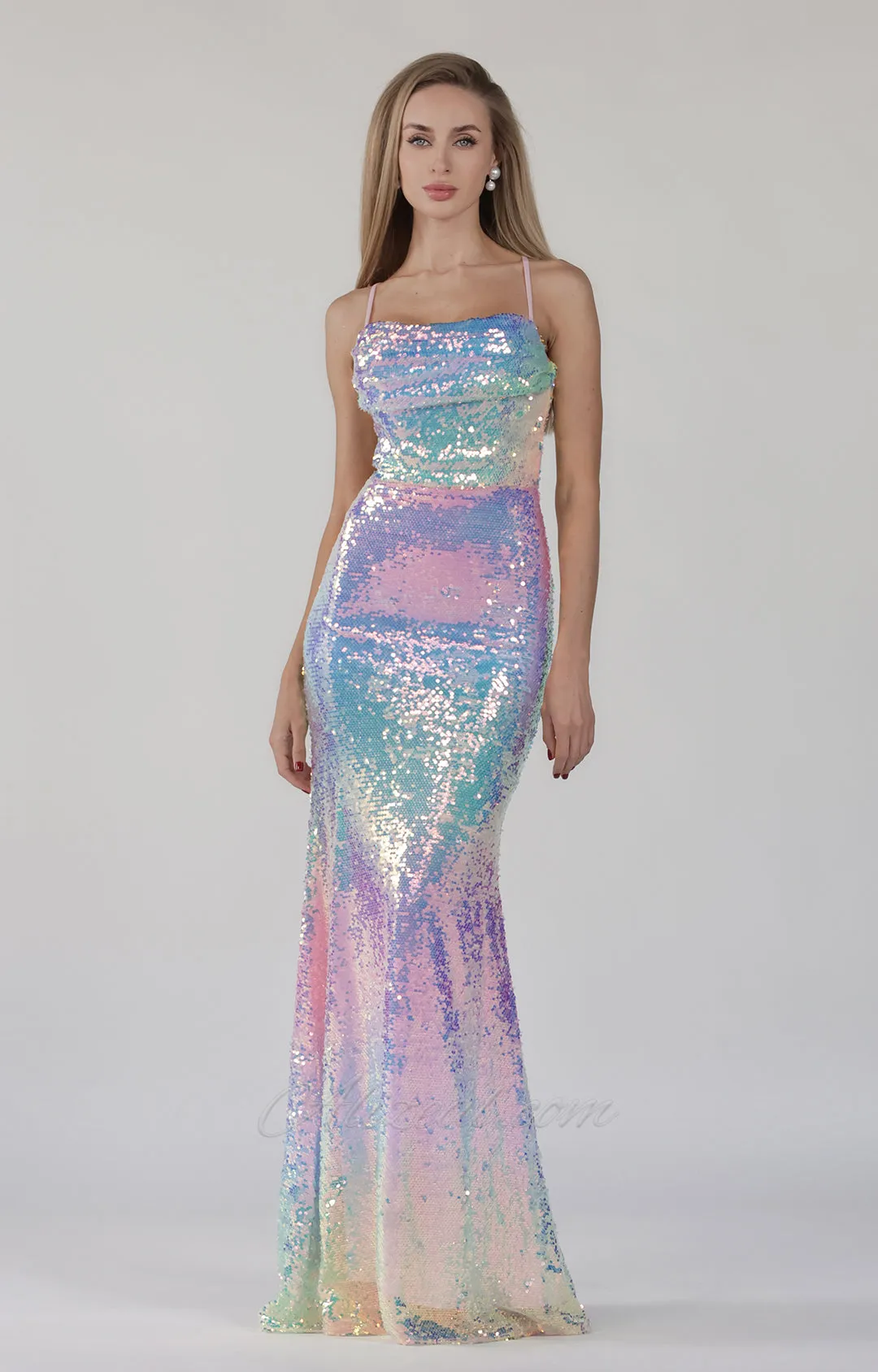 Colorful Mermaid Cowl Neck Open Back Lace-up Prom Dress