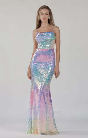 Colorful Mermaid Cowl Neck Open Back Lace-up Prom Dress