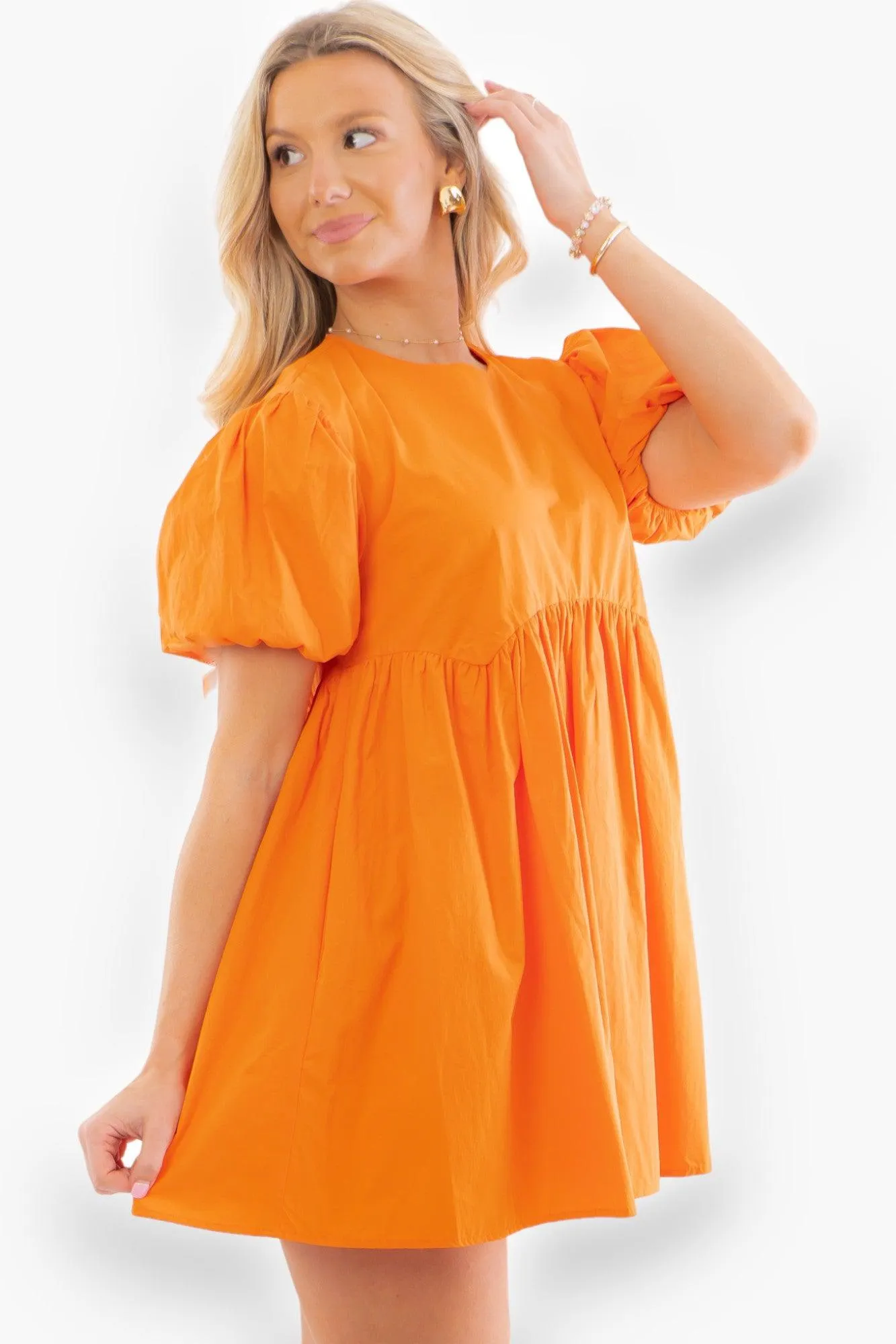 Date Night Orange Puff Sleeve Babydoll Mini Dress