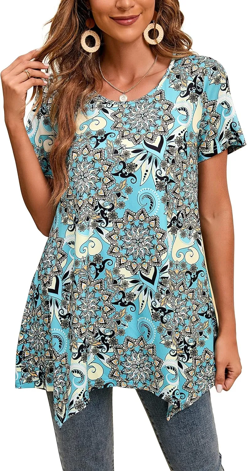 ENMAIN Tunic Tops for Women Plus Size Short Sleeve Top Loose Fit Dressy Casual Swing Summer Tunics Tops to Wear with Leggings