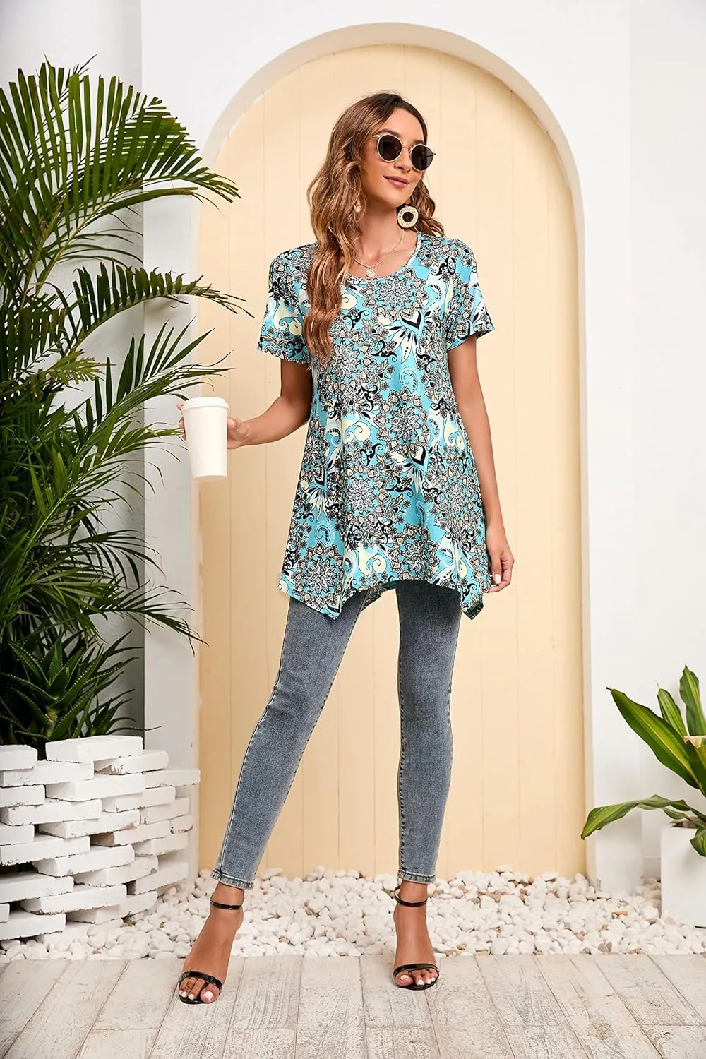 ENMAIN Tunic Tops for Women Plus Size Short Sleeve Top Loose Fit Dressy Casual Swing Summer Tunics Tops to Wear with Leggings
