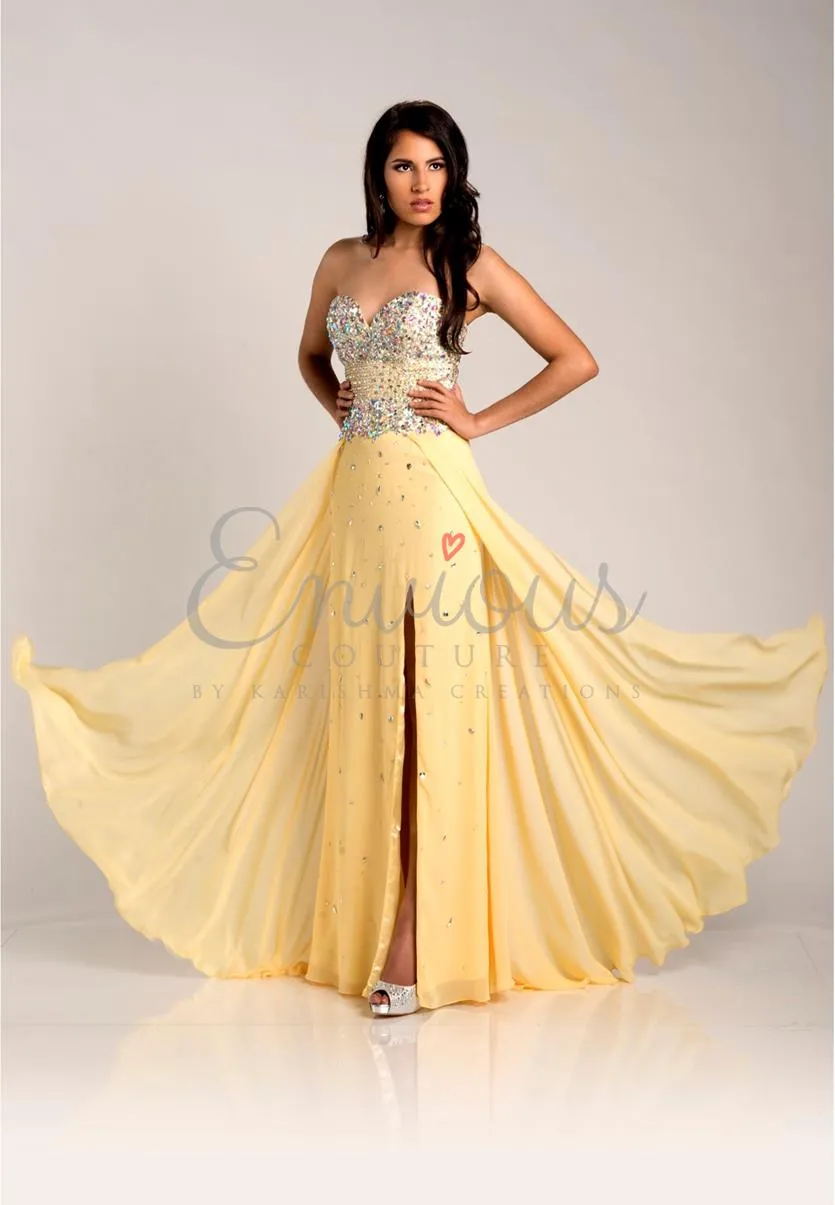 Envious Couture 15211 size 16 Yellow A Line Formal Dress Slit Prom Embellished