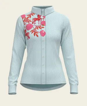 Espoir Peony In Pink On Blue Stripes Ladies Button Shirt