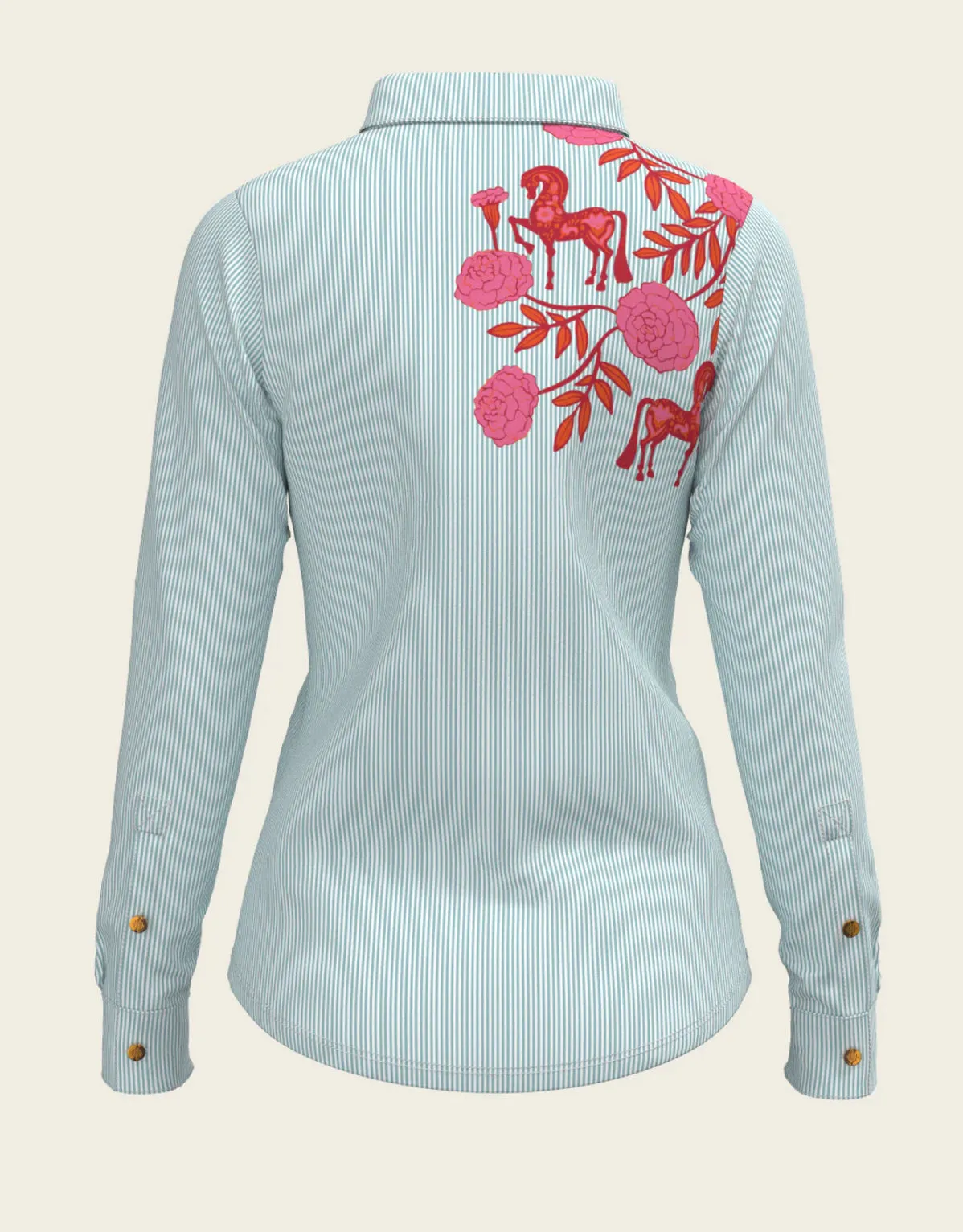 Espoir Peony In Pink On Blue Stripes Ladies Button Shirt