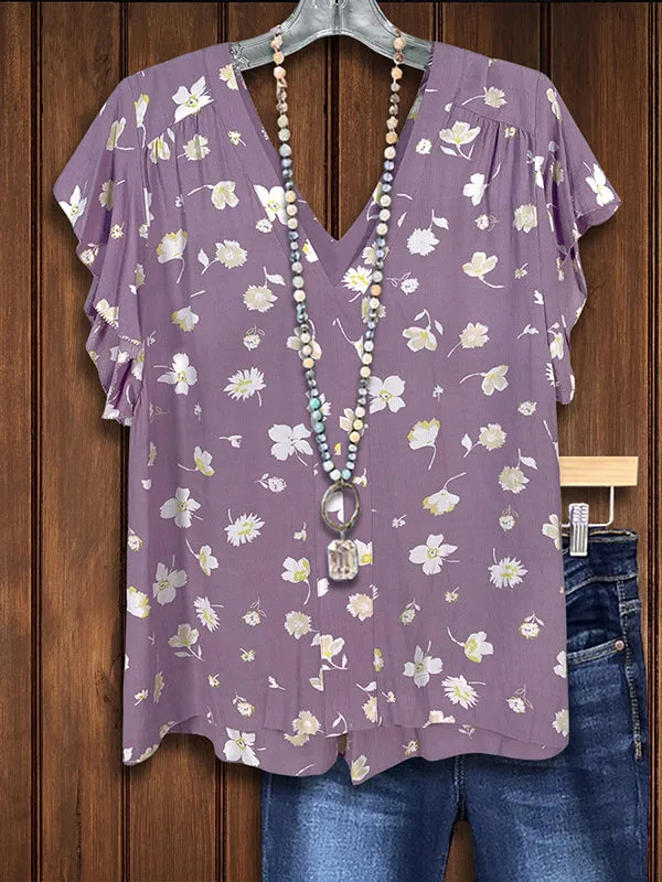 Floral Print Pleated Ruffle Blouse