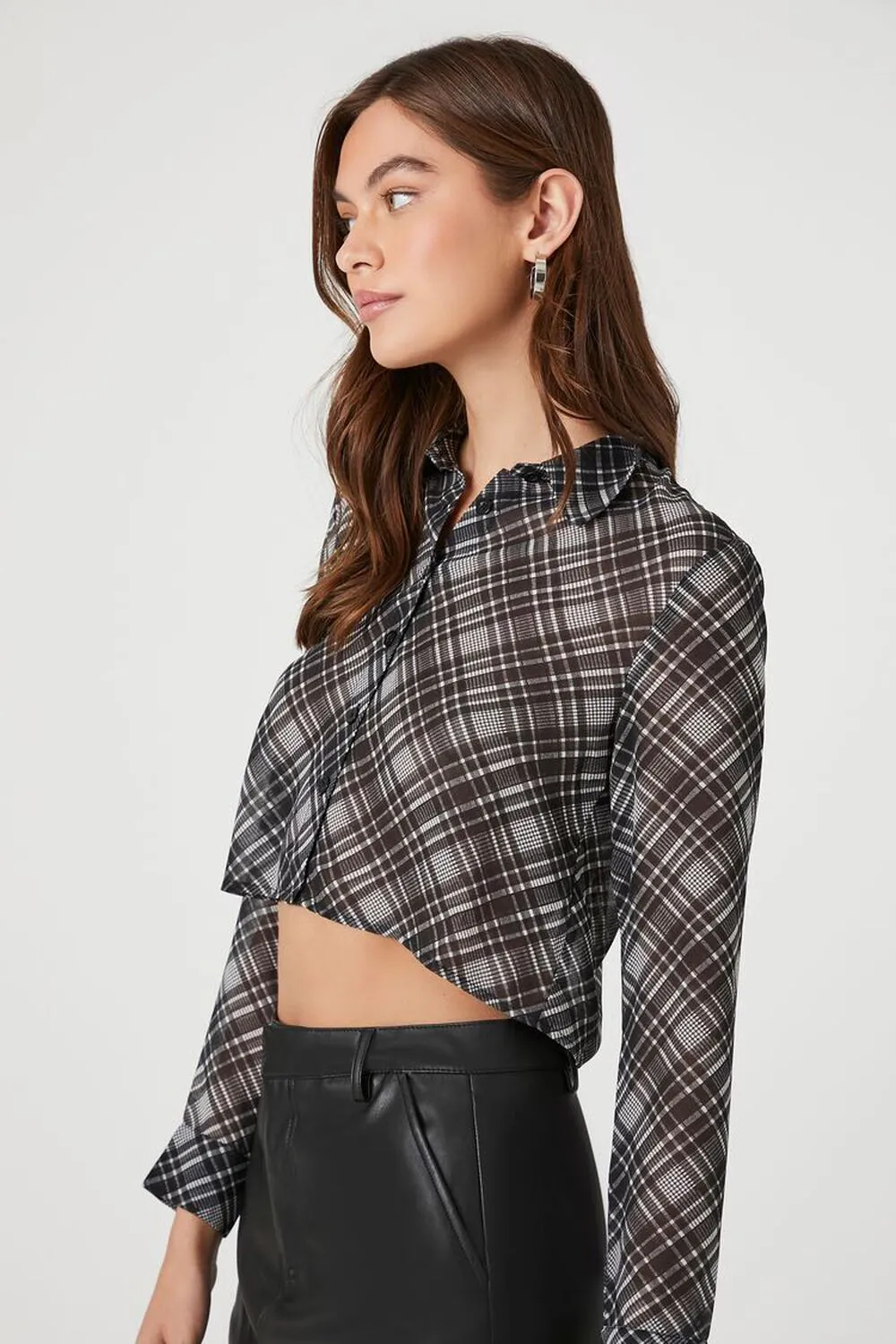 Forever 21 Chiffon Plaid Cropped Shirt, Black