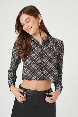 Forever 21 Chiffon Plaid Cropped Shirt, Black