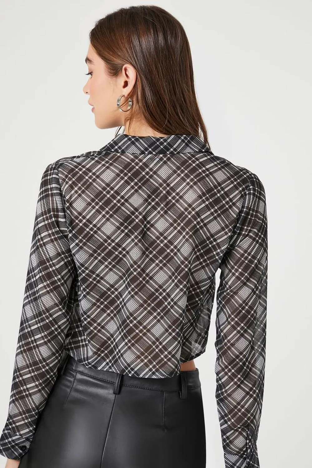 Forever 21 Chiffon Plaid Cropped Shirt, Black