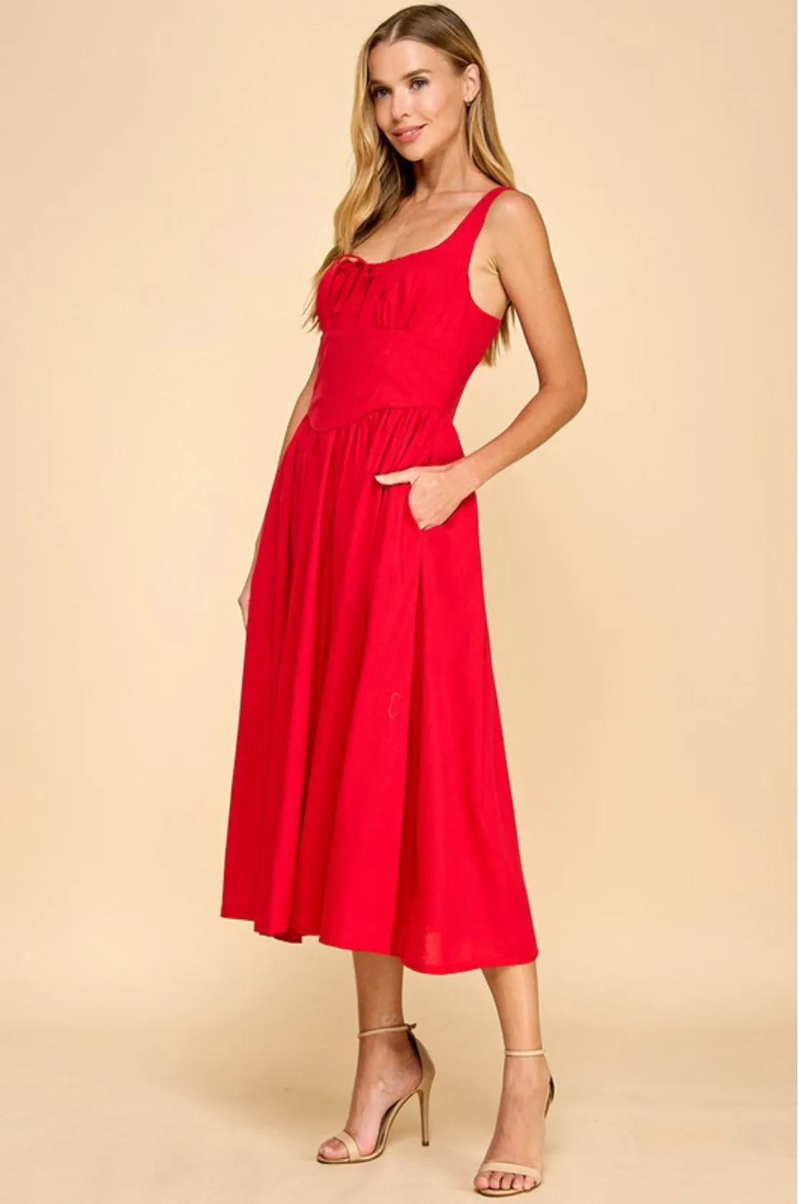 Front Bow Detail Flowy Hem Midi Dress