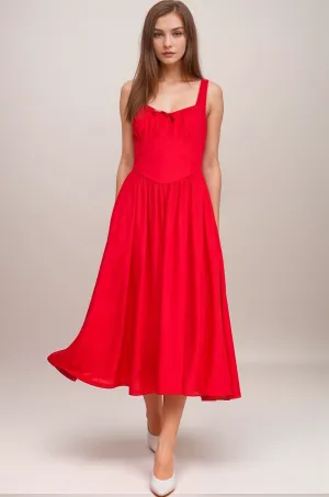 Front Bow Detail Flowy Hem Midi Dress