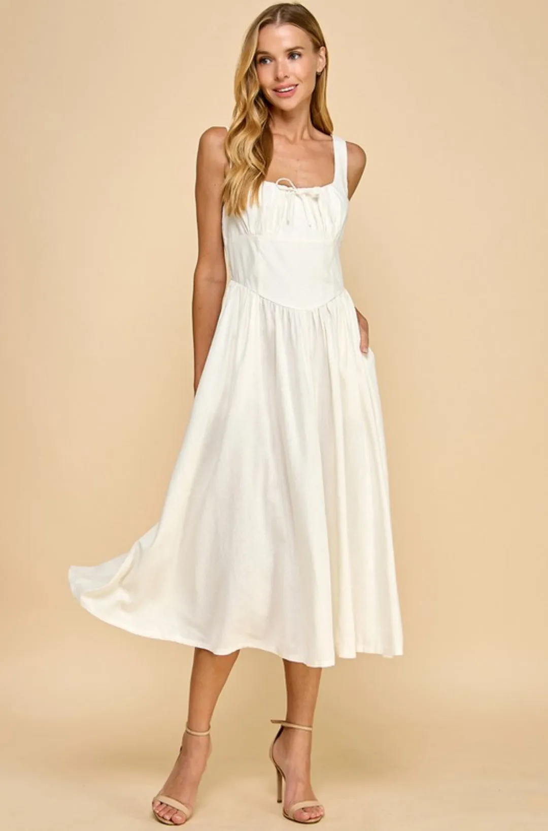 Front Bow Detail Flowy Hem Midi Dress