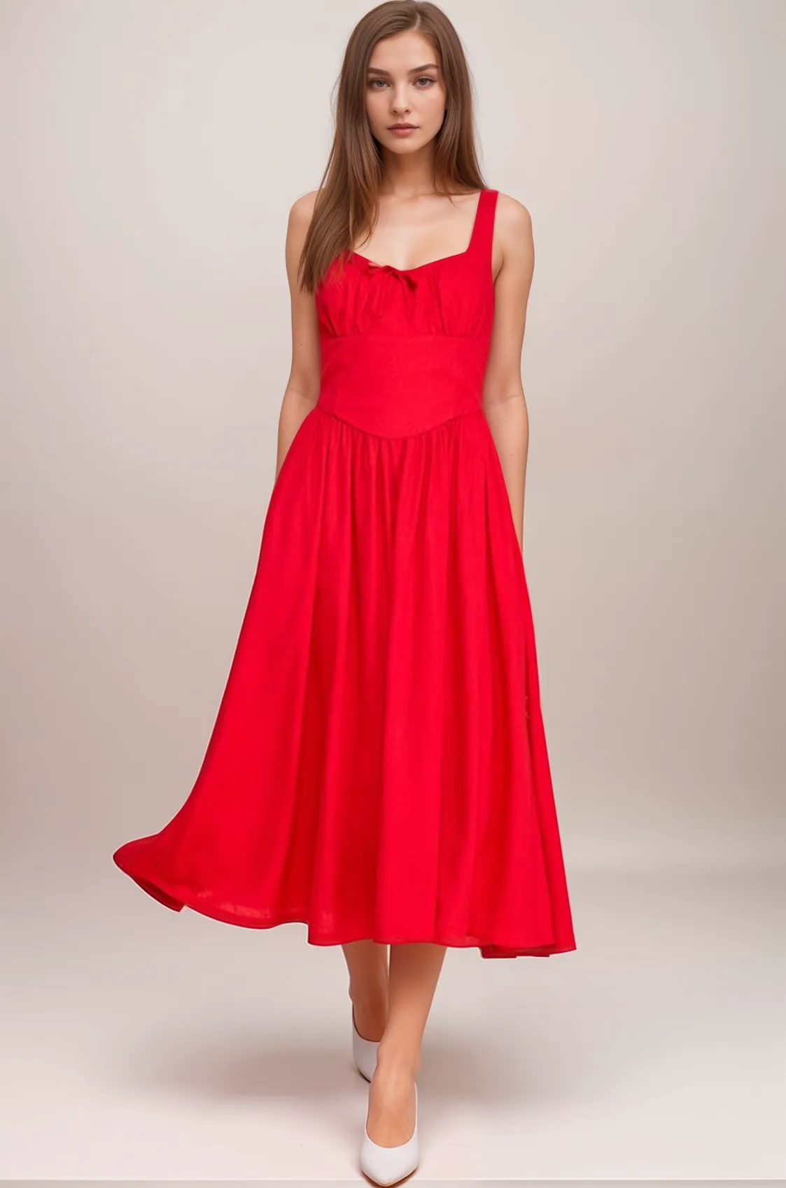 Front Bow Detail Flowy Hem Midi Dress