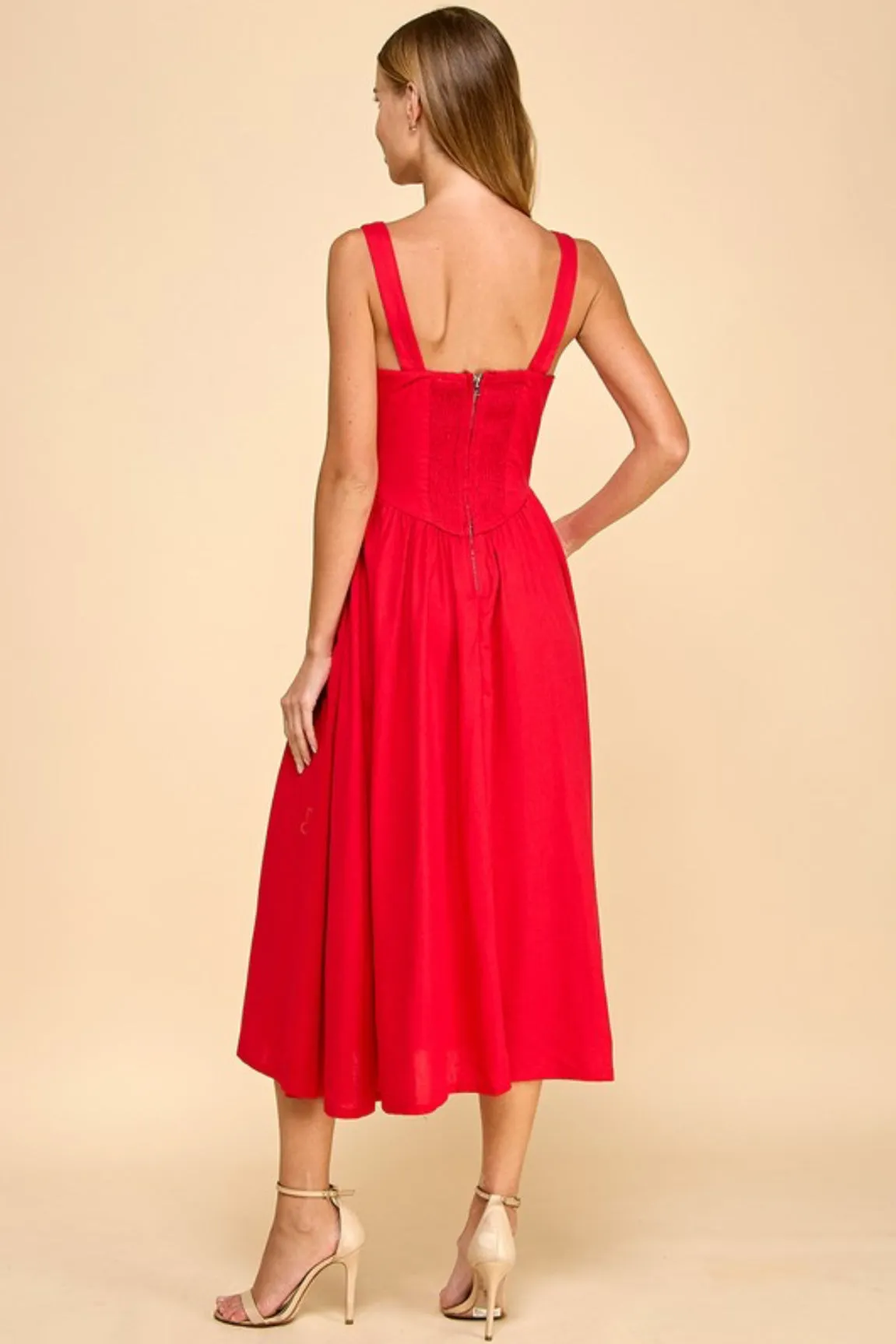 Front Bow Detail Flowy Hem Midi Dress