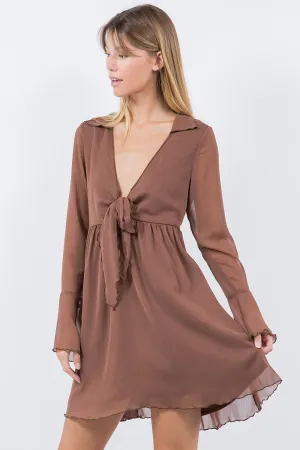 FRONT TIE DETAIL CHIFFON DRESS BROWN