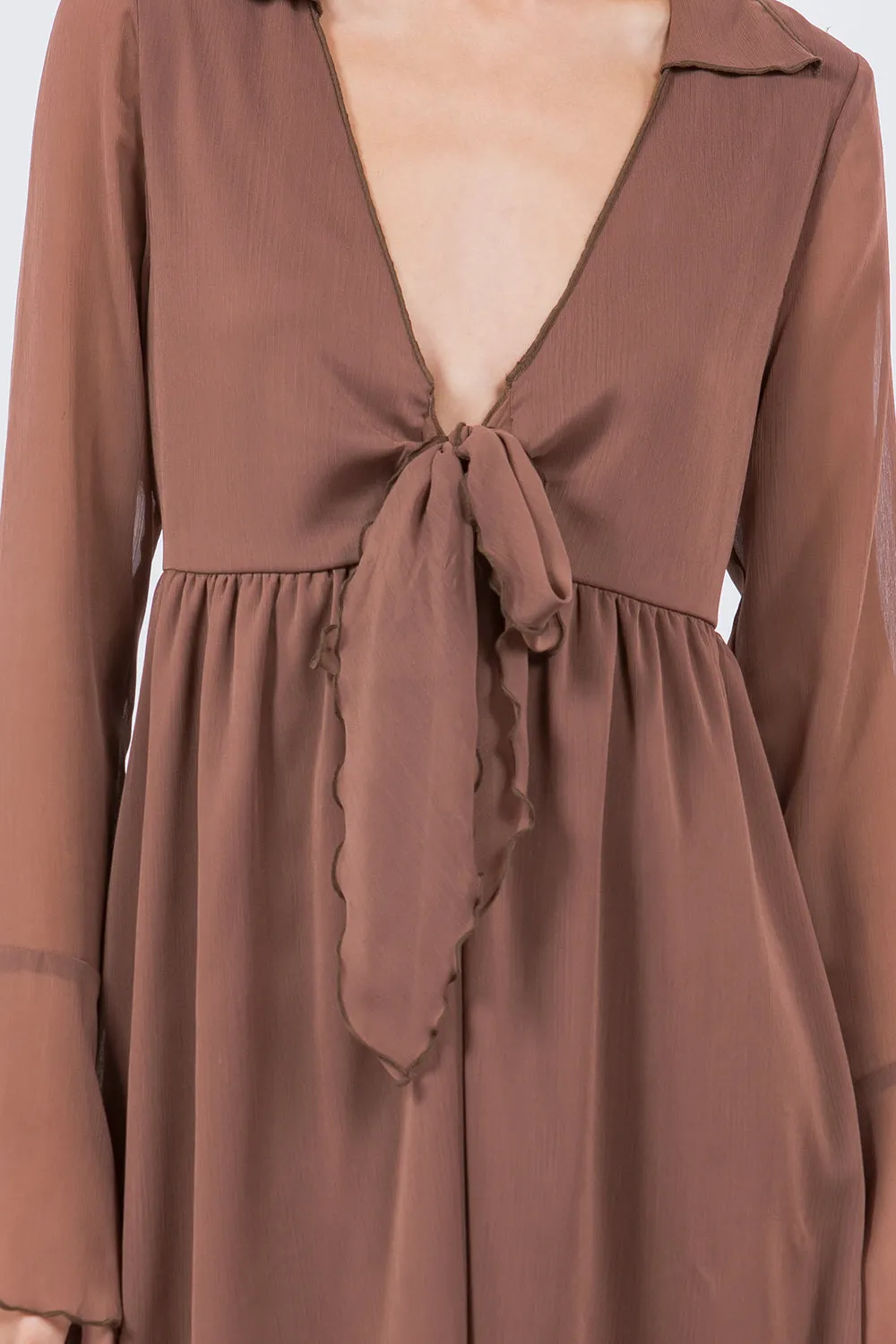 FRONT TIE DETAIL CHIFFON DRESS BROWN