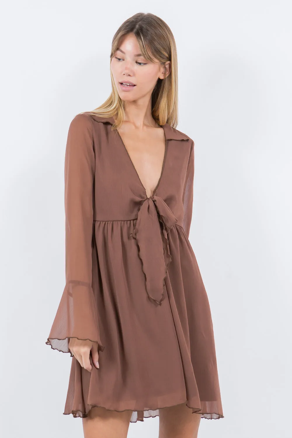 FRONT TIE DETAIL CHIFFON DRESS BROWN