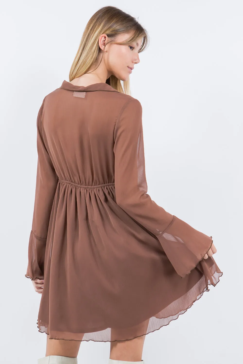 FRONT TIE DETAIL CHIFFON DRESS BROWN